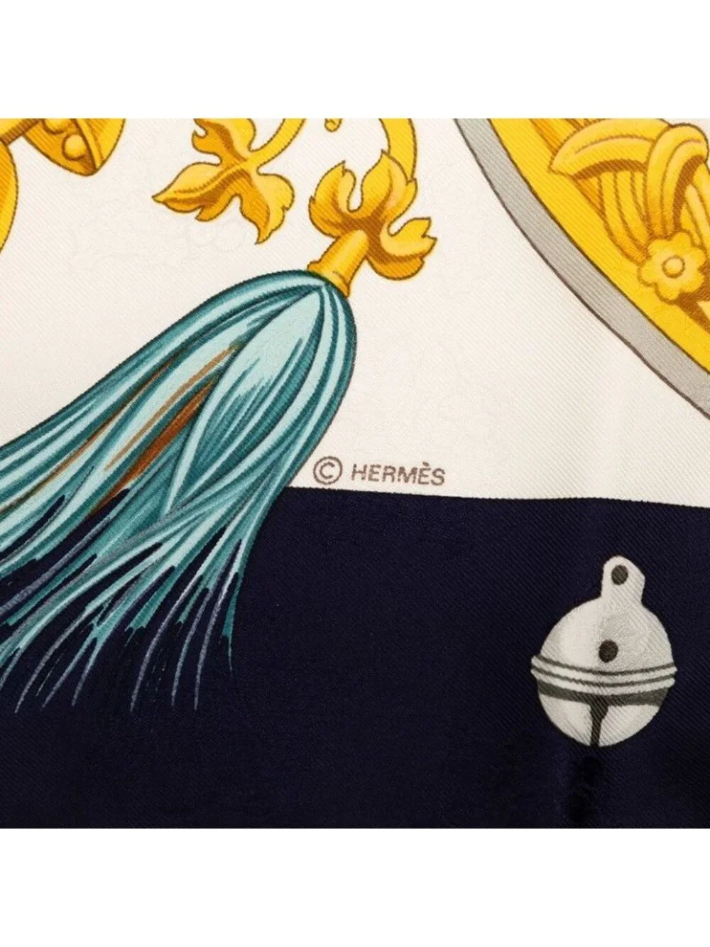 Hermes Carre 90 Plumes Et Grelots Feathers And Bells Scarf Navy White Silk